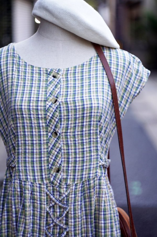 画像5: "Tokyo boire" グリーン系 チェック柄 フレンチスリーブ  レトロワンピース ラウンドネック シワ加工[20072]