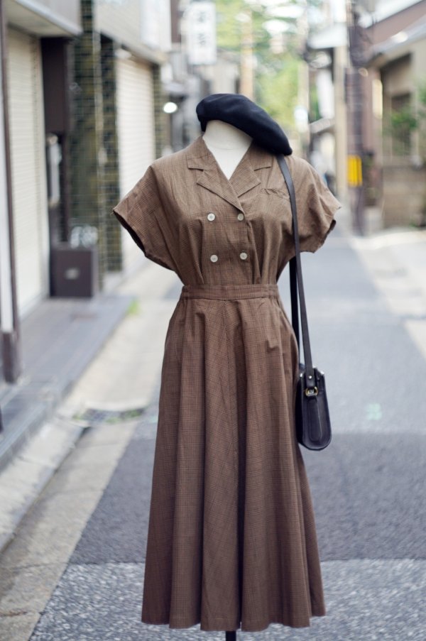 画像2: "lady's blouse" グレンチェック柄 ブラウン  コットン ブラウス&スカート ツーピース セットアップ オープンカラー ダブルボタン[20139]
