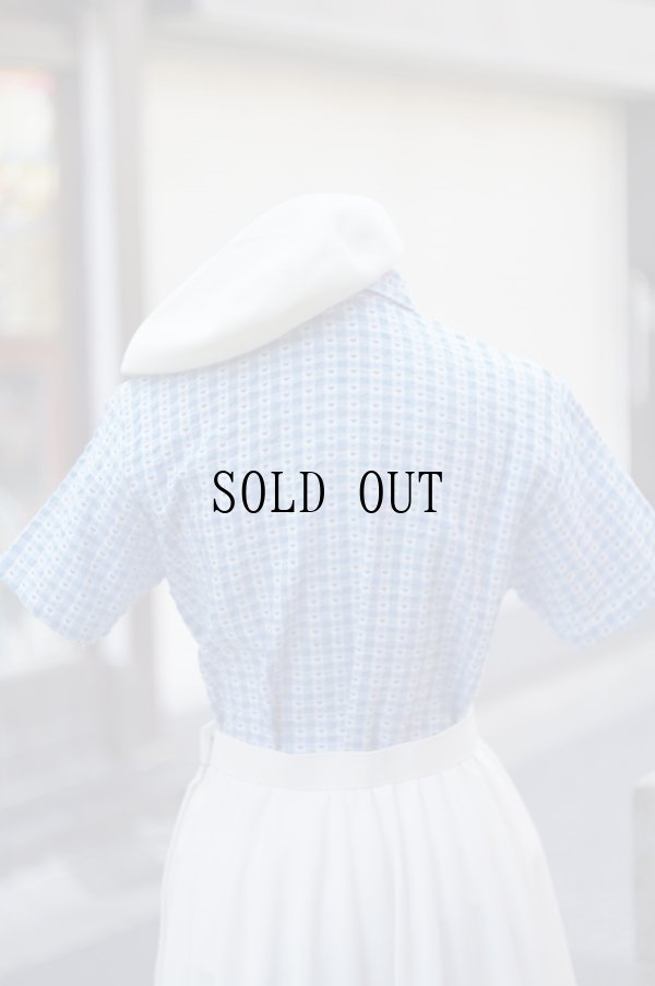 画像4: "collection" ハート柄 ブルー×白 チェック柄 半袖 コットン ブラウス オープンカラー[20154]