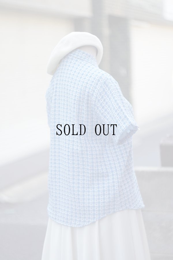 画像11: "collection" ハート柄 ブルー×白 チェック柄 半袖 コットン ブラウス オープンカラー[20154]