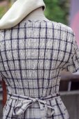画像9: ”cozy time” ネイビー×白 コットン混 タータンチェック柄  半袖 レトロワンピース ノーカラー シャーリング生地 腰リボン [20146]