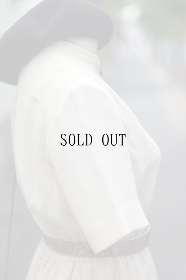 画像8: ”Seine” アイボリー 無地 半袖 レトロワンピース マオカラー プリーツ ウエストゴム [20147]