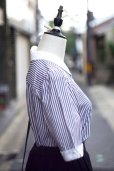 画像5: "Leilian" 白×ネイビー ストライプ柄 半袖 コットン ブラウス 丸襟 パフスリーブ[20180]