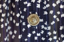 他の写真1: ネイビー×白 花柄×ストライプ  半袖 レトロワンピース レギュラーカラー ウエストゴム[20149]