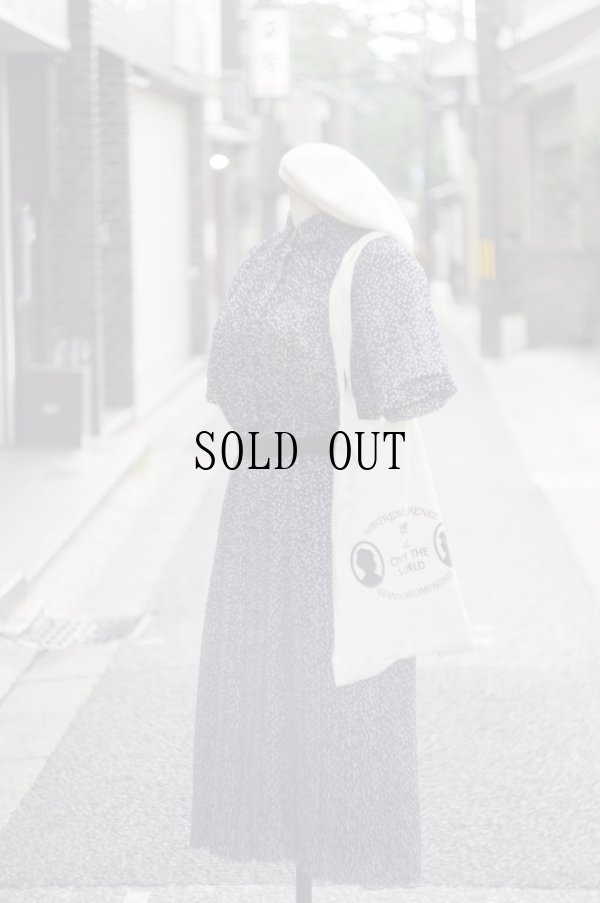 画像1: ネイビー×白 花柄×ストライプ  半袖 レトロワンピース レギュラーカラー ウエストゴム[20149]