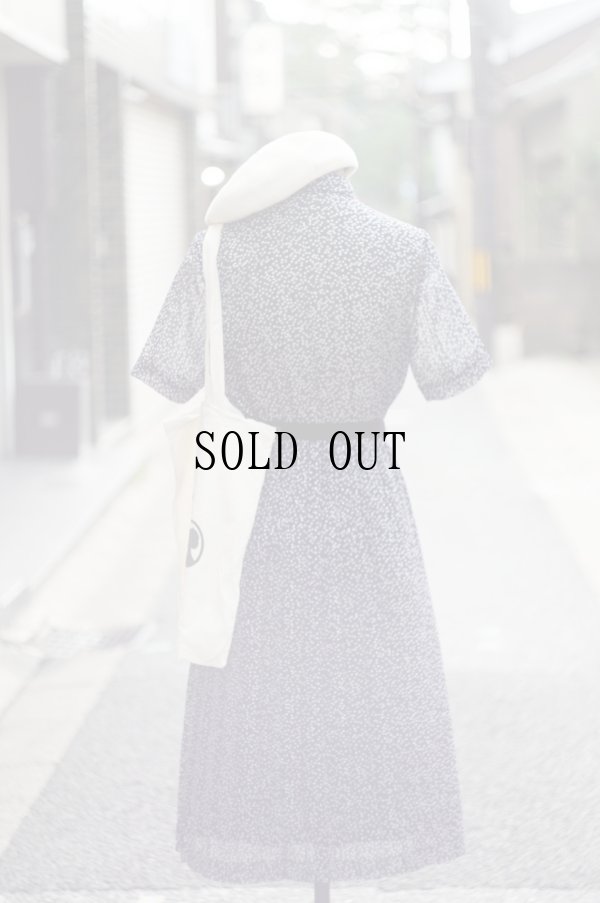 画像3: ネイビー×白 花柄×ストライプ  半袖 レトロワンピース レギュラーカラー ウエストゴム[20149]