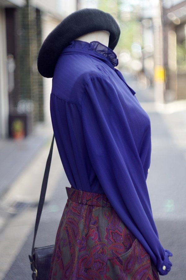 画像4: "New Look" 無地 ネイビー 長袖 ブラウス フリルスタンドカラー フリル[20184]