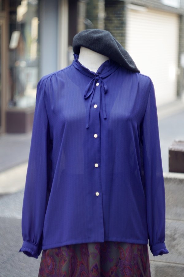 画像7: "New Look" 無地 ネイビー 長袖 ブラウス フリルスタンドカラー フリル[20184]