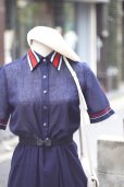 画像6: ”Vingt miel” 無地 ネイビー 半袖 レトロワンピース レギュラーカラー ボーダーライン ウエストゴム[20201]