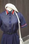 画像5: ”Vingt miel” 無地 ネイビー 半袖 レトロワンピース レギュラーカラー ボーダーライン ウエストゴム[20201]