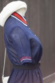 画像9: ”Vingt miel” 無地 ネイビー 半袖 レトロワンピース レギュラーカラー ボーダーライン ウエストゴム[20201]
