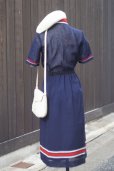 画像4: ”Vingt miel” 無地 ネイビー 半袖 レトロワンピース レギュラーカラー ボーダーライン ウエストゴム[20201]
