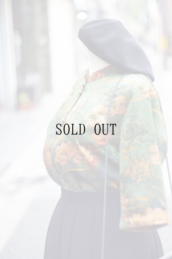 画像4: グリーン系 花柄 半袖  チャイナ風ブラウス マオカラー オーガンジー 刺?[20197]