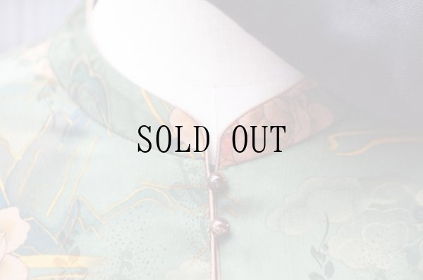 画像3: グリーン系 花柄 半袖  チャイナ風ブラウス マオカラー オーガンジー 刺?[20197]