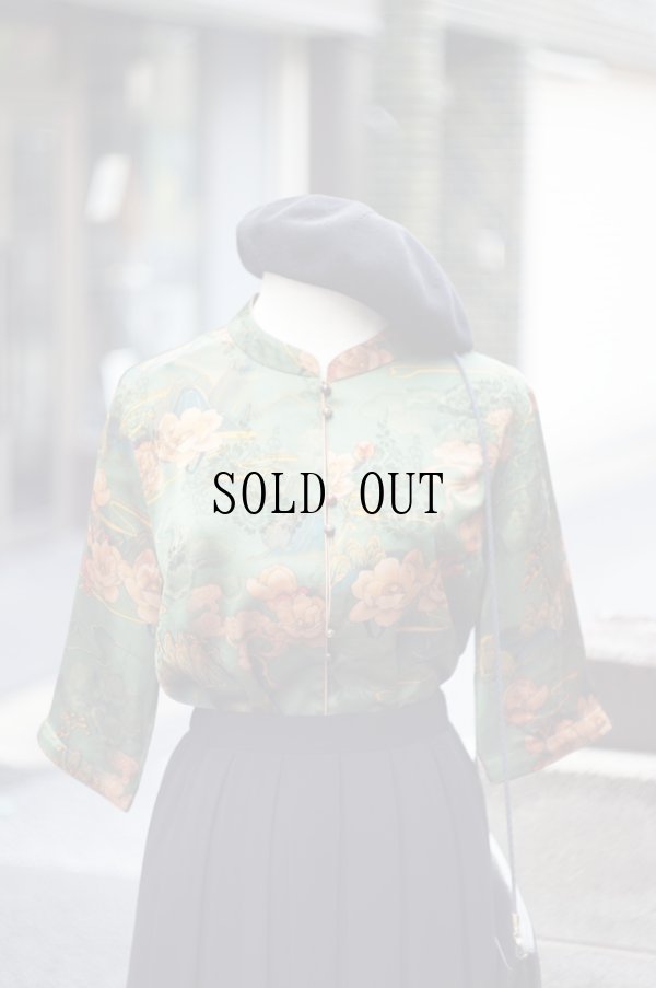 画像1: グリーン系 花柄 半袖  チャイナ風ブラウス マオカラー オーガンジー 刺?[20197]