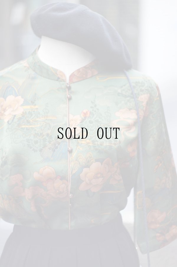 画像2: グリーン系 花柄 半袖  チャイナ風ブラウス マオカラー オーガンジー 刺?[20197]