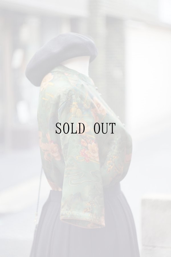 画像7: グリーン系 花柄 半袖  チャイナ風ブラウス マオカラー オーガンジー 刺?[20197]