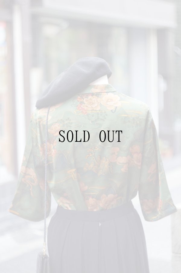 画像5: グリーン系 花柄 半袖  チャイナ風ブラウス マオカラー オーガンジー 刺?[20197]