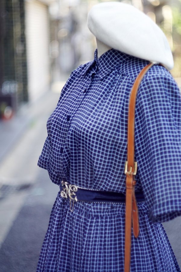 画像9: ネイビー×白 チェック柄  半袖 レトロワンピース レギュラーカラー ウエストゴム[20145]