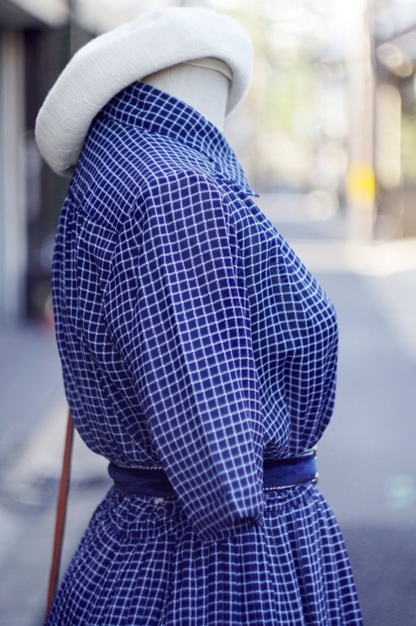 画像8: ネイビー×白 チェック柄  半袖 レトロワンピース レギュラーカラー ウエストゴム[20145]