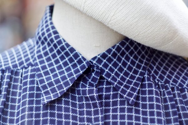 画像6: ネイビー×白 チェック柄  半袖 レトロワンピース レギュラーカラー ウエストゴム[20145]