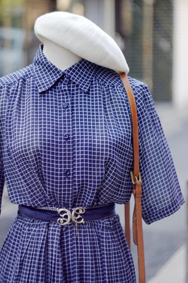 画像4: ネイビー×白 チェック柄  半袖 レトロワンピース レギュラーカラー ウエストゴム[20145]