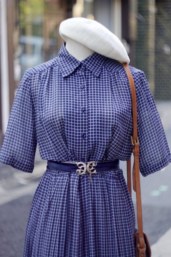 画像5: ネイビー×白 チェック柄  半袖 レトロワンピース レギュラーカラー ウエストゴム[20145]