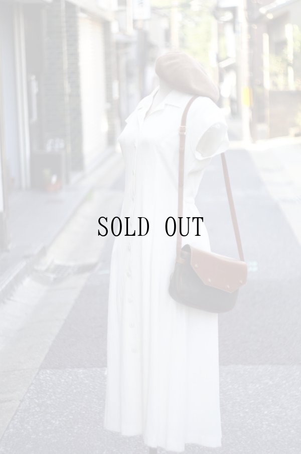 画像1: ”RAMLOSSA” アイボリー 麻混 無地 半袖 レトロワンピース オープンカラー シワ加工 腰リボン [20148]