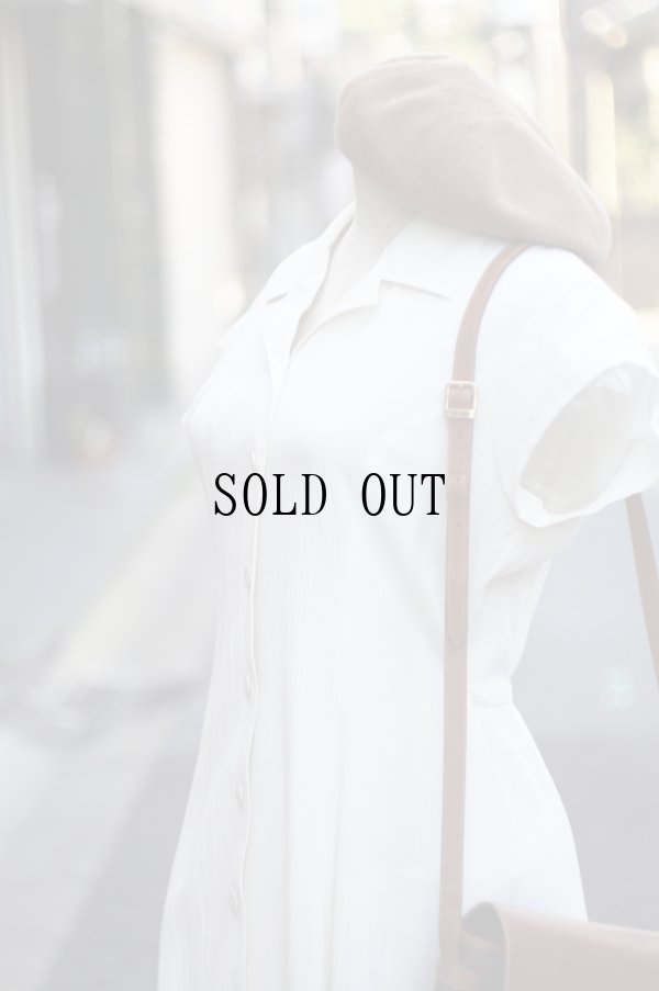 画像5: ”RAMLOSSA” アイボリー 麻混 無地 半袖 レトロワンピース オープンカラー シワ加工 腰リボン [20148]