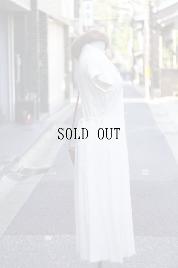 画像2: ”RAMLOSSA” アイボリー 麻混 無地 半袖 レトロワンピース オープンカラー シワ加工 腰リボン [20148]