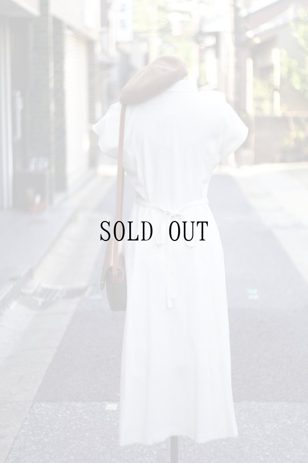 画像3: ”RAMLOSSA” アイボリー 麻混 無地 半袖 レトロワンピース オープンカラー シワ加工 腰リボン [20148]