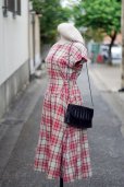 画像1: "Le Lionceau" ピンク系 タータンチェック柄  コットン フレンチスリーブ  レトロワンピース ノーカラー 腰リボン [20207] (1)
