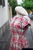 画像6: "Le Lionceau" ピンク系 タータンチェック柄  コットン フレンチスリーブ  レトロワンピース ノーカラー 腰リボン [20207]