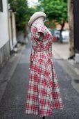 画像2: "Le Lionceau" ピンク系 タータンチェック柄  コットン フレンチスリーブ  レトロワンピース ノーカラー 腰リボン [20207] (2)