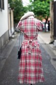 画像3: "Le Lionceau" ピンク系 タータンチェック柄  コットン フレンチスリーブ  レトロワンピース ノーカラー 腰リボン [20207]