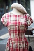 画像4: "Le Lionceau" ピンク系 タータンチェック柄  コットン フレンチスリーブ  レトロワンピース ノーカラー 腰リボン [20207]