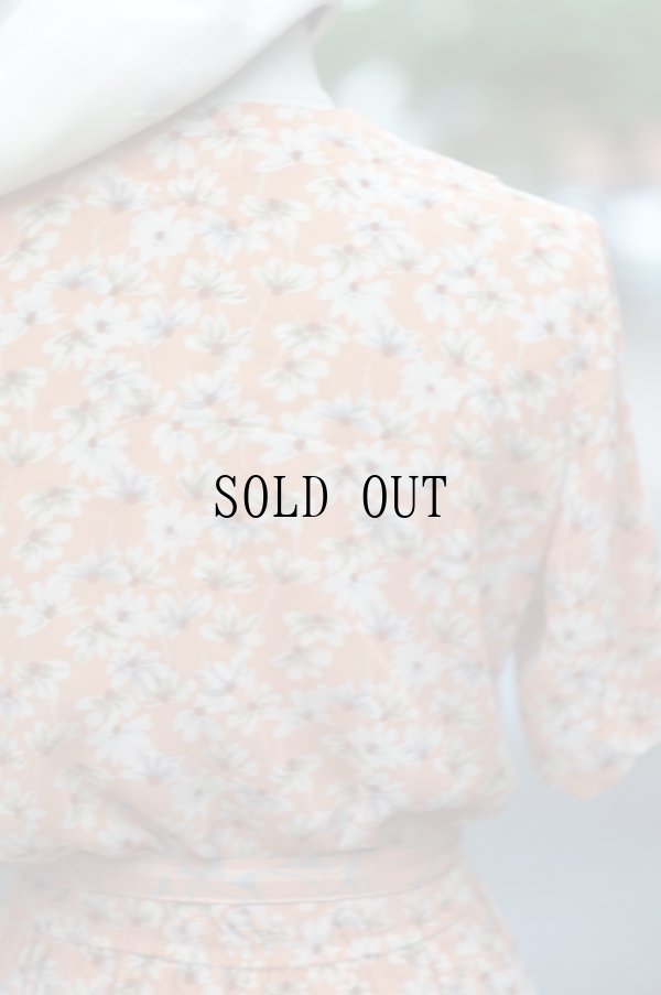 画像9: ”DAVID” 花柄 オレンジ系 半袖 レトロワンピース レギュラーカラー ボウタイ ウエストゴム[20208]