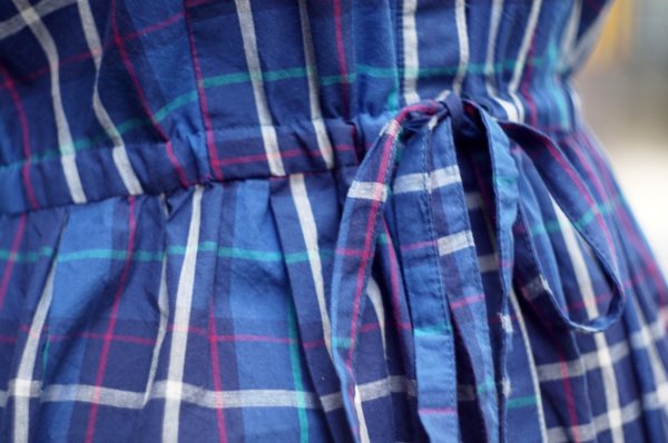 画像9: "BLEW CELESTE" ブルー系 タータンチェック柄  コットン フレンチスリーブ  レトロワンピース レギュラーカラー 腰リボン [20209]