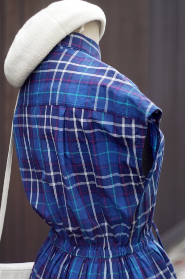 画像7: "BLEW CELESTE" ブルー系 タータンチェック柄  コットン フレンチスリーブ  レトロワンピース レギュラーカラー 腰リボン [20209]
