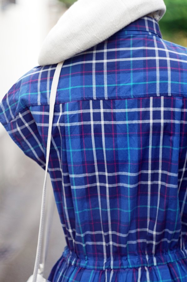 画像8: "BLEW CELESTE" ブルー系 タータンチェック柄  コットン フレンチスリーブ  レトロワンピース レギュラーカラー 腰リボン [20209]