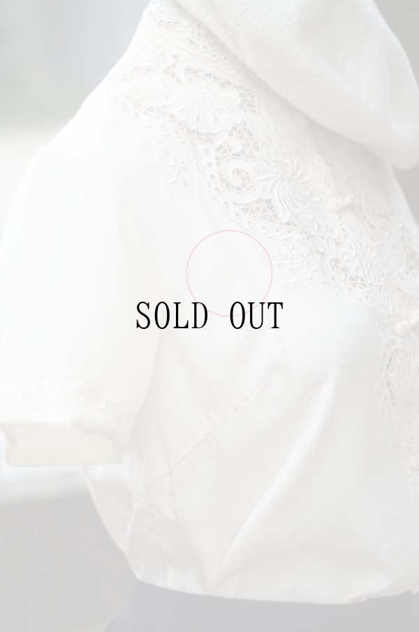 画像10: 無地 アイボリー シルク チャイナブラウス 半袖 チャイナボタン マオカラー  刺繍 [20222]