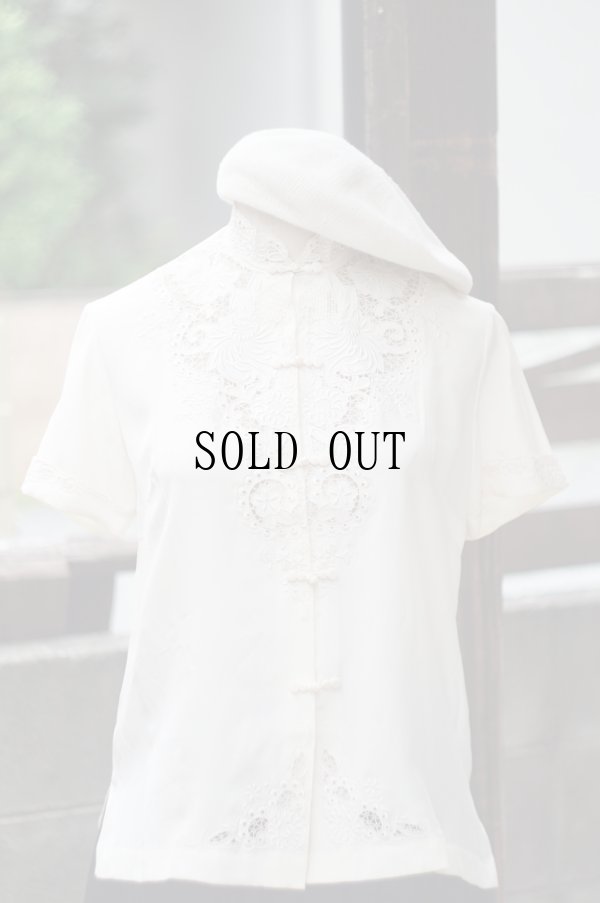 画像13: 無地 アイボリー シルク チャイナブラウス 半袖 チャイナボタン マオカラー  刺繍 [20222]