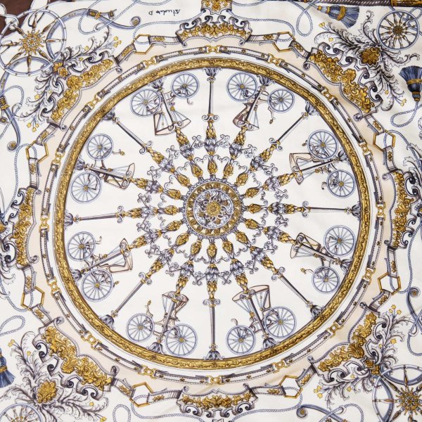 画像2: ホワイト×ダークブラウン系 装飾柄 スカーフ シルク 87cm×87cm[20173]