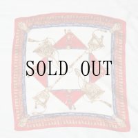 アイボリー×赤系 装飾柄 ミニスカーフ シルク 53cm×53cm[20175]