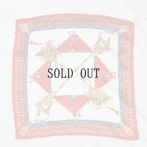 画像1: アイボリー×赤系 装飾柄 ミニスカーフ シルク 53cm×53cm[20175]