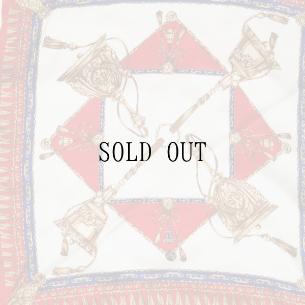 画像2: アイボリー×赤系 装飾柄 ミニスカーフ シルク 53cm×53cm[20175]