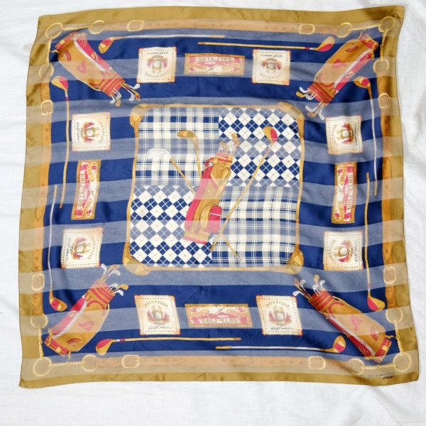 画像1: ネイビー×カーキ系 ゴルフクラブと絵模様 スカーフ  87cm×87cm[20177]