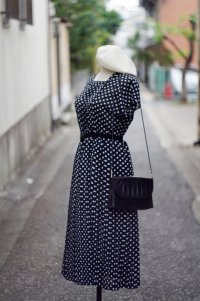 白×黒 ドット柄 半袖 レトロワンピース プリーツ ウエストゴム[20213]