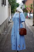 画像1: "ピジョン" コットン デニム 半袖 レトロワンピース ノーカラー パッチワーク くるみボタン 腰リボン[20214] (1)