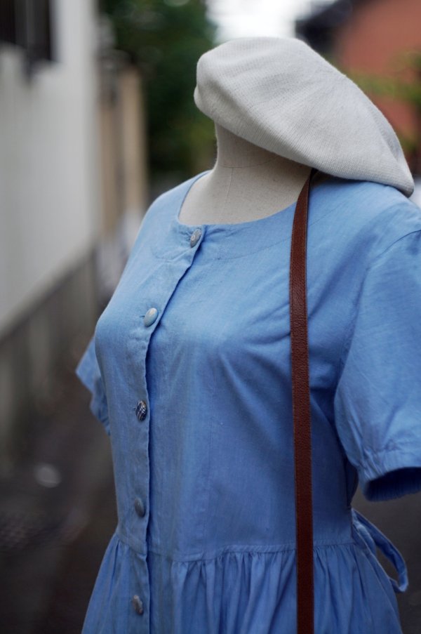 画像8: "ピジョン" コットン デニム 半袖 レトロワンピース ノーカラー パッチワーク くるみボタン 腰リボン[20214]
